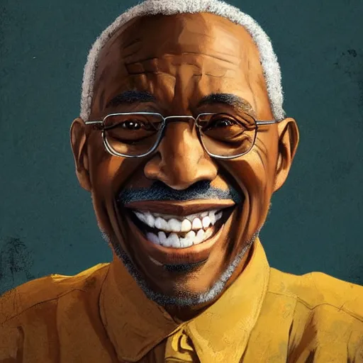 Prompt: old black man portrait, face smiling, golden teeth, flat background, greg rutkowski gta san andreas art