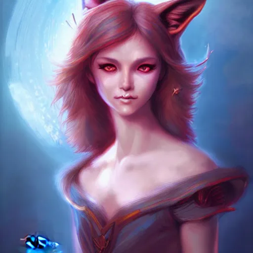 Prompt: fantasy portrait of fox-girl , by René Laloux, by ross tran