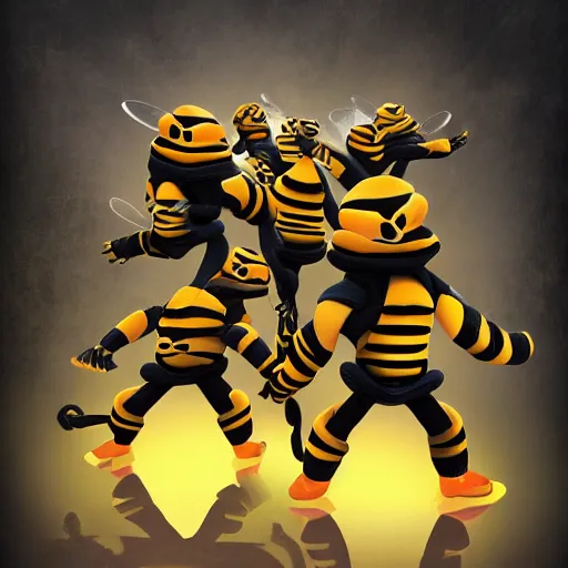 Prompt: a team of bee ninjas, hyperrealistic, digital art, 4 k