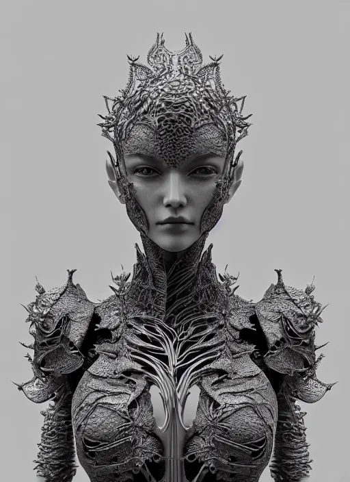 Image similar to bw close - up profile face, black background, beautiful porcelain vegetal dragon cyborg young female, 1 5 0 mm, beautiful natural soft rim light, silver gold details, magnolia leaves and stems, roots, fine lace, mandelbot fractal, elegant, ultra detailed, white metallic armour, octane render, h. r. giger style