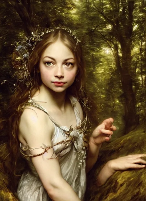 Image similar to barefoot Beautiful fairy teenager, Looks like Kristin Kreuk, In the woods, Dramatic, Edge, Good, Infused, Backlight, De-Noise, VFX, insanely detailed and intricate, hypermaximalist, elegant, ornate, hyper realistic, super detailed, by Anthony Van Dyck, by Ivan Shishkin, by John Constable