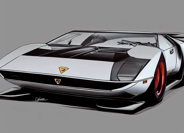 Prompt: a blending and amalgamation of a lamborghini countach, with a long front end like datsun 2 6 0 z or jaguar e - type, concept art, 8 k, highly detailed