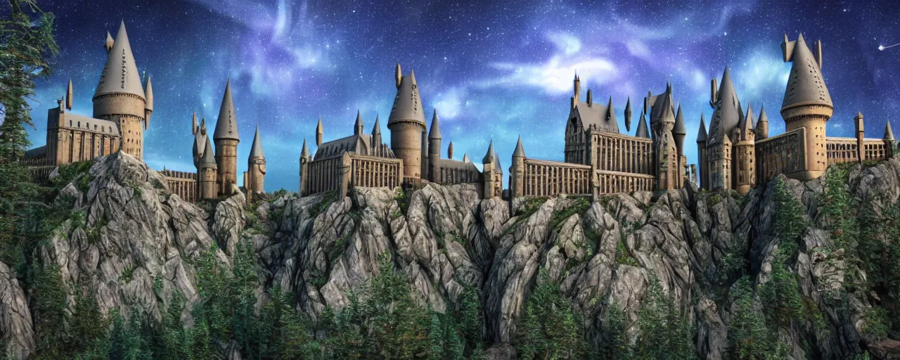 Image similar to Hogwarts in the mountains, forest, at night, blue aurora, shooting stars, matte painting, award winning, highly detailed