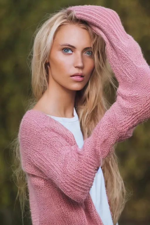 Image similar to olive skinned blonde female model in her twenties, wearing a low cut pink sweater, looking content, focused on her neck, photo realistic, extreme detail skin, natural beauty, no filter, slr, golden hour, 4 k, high definition, selfie