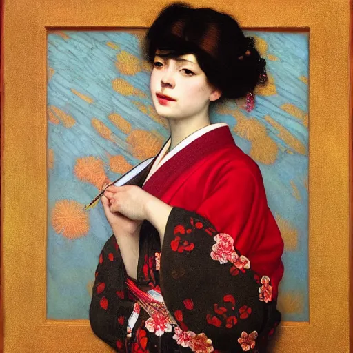 Prompt: a portrait of a rodent wearing a red kimono, titian, sam spratt, maxfield parrish, gustav klimt, tom bagshaw, mark ryden, alphonse mucha, rembrandt, high quality, painting, oil