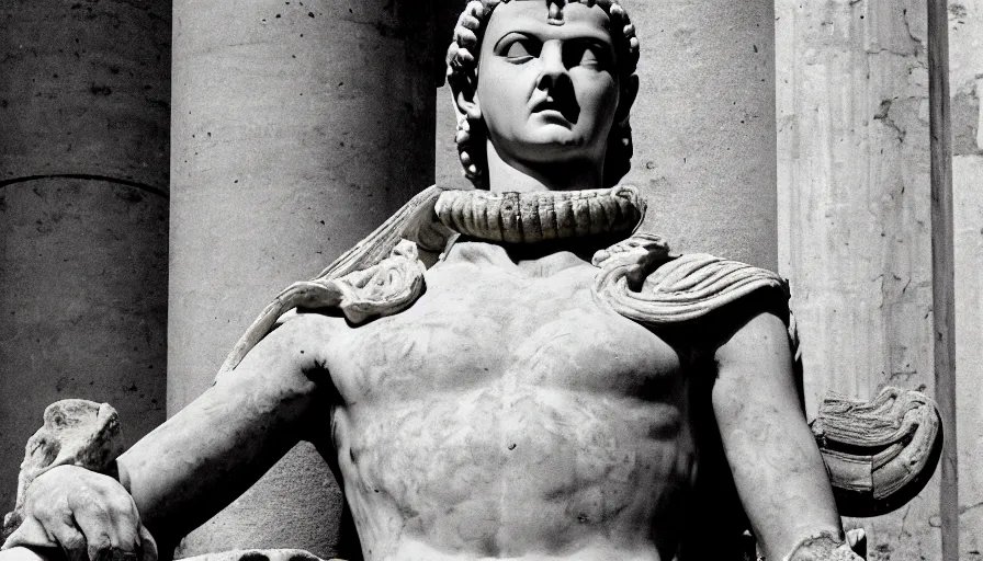 Prompt: 1 9 7 0 s movie still close - up of caligula in emperor clothes slaughtered by a man in toga in a classical amphiteather with columns, cinestill 8 0 0 t 3 5 mm b & w, high quality, heavy grain, high detail, dramatic light, cinematic composition, anamorphic, blood, bleeding, by irving penn