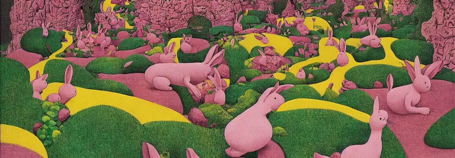 Image similar to a rock garden filled with pink rabbits, by m. c. escher, yellow, green, red, snowy, ultra sharp, ultra detailed, cyberpunk, happy, uplifting, colorized by salvador dali