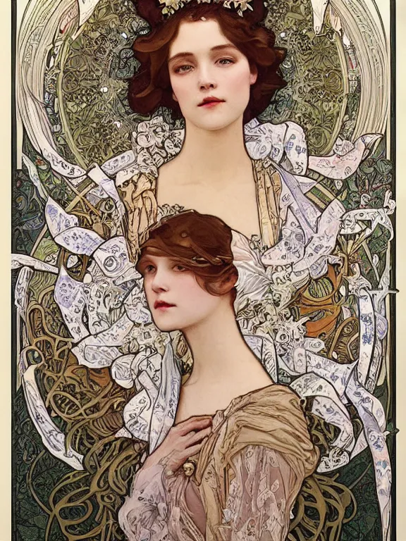 Image similar to an art nouveau mucha poster portrait oil painting of a pretty, young, moon princess surrounded by thousands of spiraling white ribbons, intricate, detailed, smooth, complex, elaborate, by bartosz kosowski and af / vf