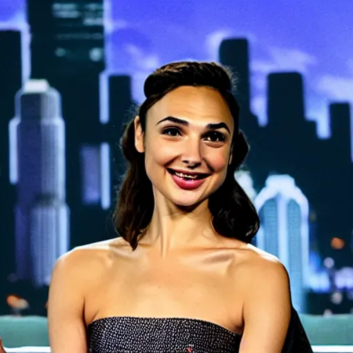 Prompt: gal gadot answering a question on a tv late night show