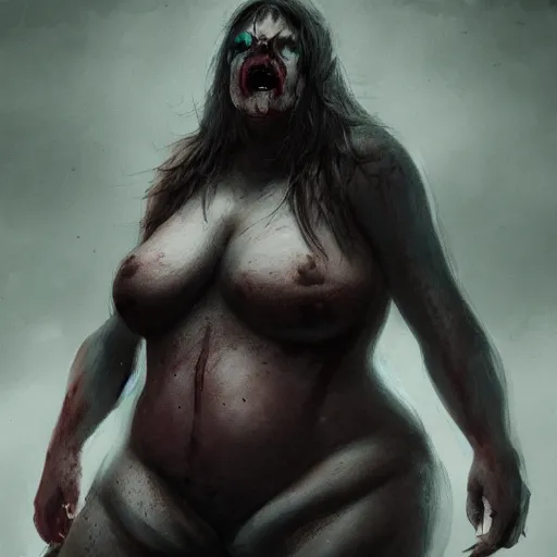 Image similar to angry extremely fat obese giant zombie female, full body portrait, with clothese, horror core, apocalyptic, feeling of grimdark, sharp focus, fiction, hyper detailed, digital art, trending in artstation, cinematic lighting, studio quality, smooth render, unreal engine 5 rendered, octane rendered, art style and nixeu and wlop and krenz cushart