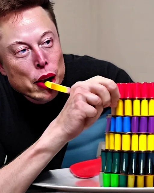 Prompt: a man eating crayons with a fork, elon musk, 4 k, high quality, crayons served on a plate