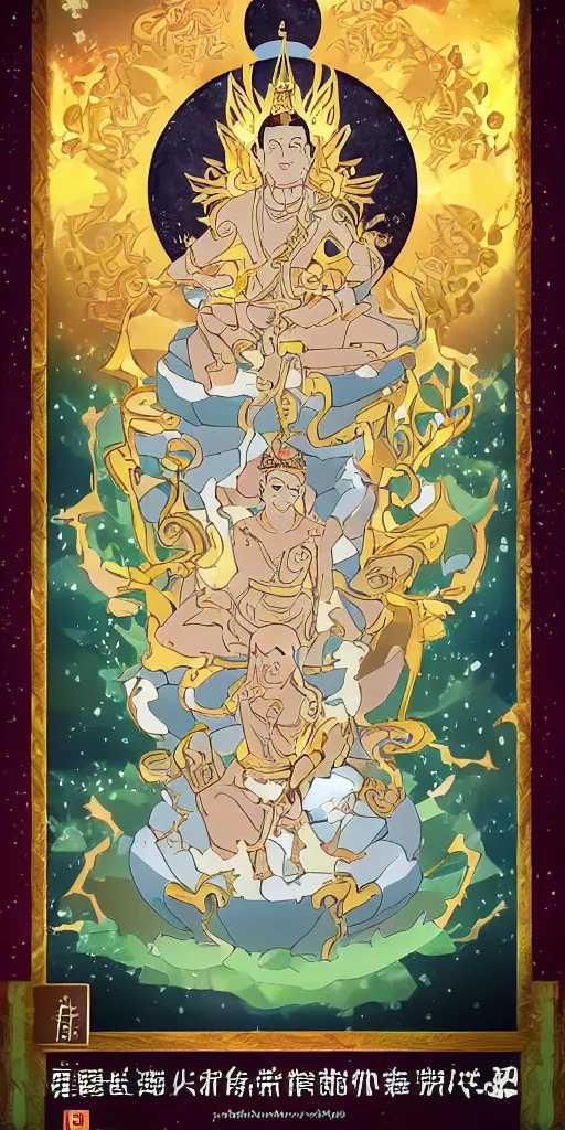 Prompt: buddha sitting on a throne of ice drawn by studio trigger, in the style of Little Witch Academia, spiritual enlightenment, tarot card, Tarot card the Hierophant