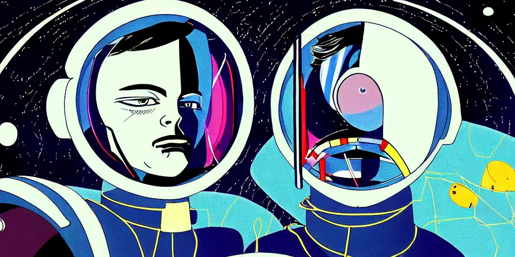 Image similar to traditional drawn colorful animation a symmetrical portrait of lonely single Alain Delon alone from 1980 80s pilot in posing in spaceship station planet captain bridge outer worlds robots extraterrestrial hyper contrast well drawn in Jean Henri Gaston Giraud animation film The Masters of Time FANTASTIC PLANET La planète sauvage animation by René Laloux