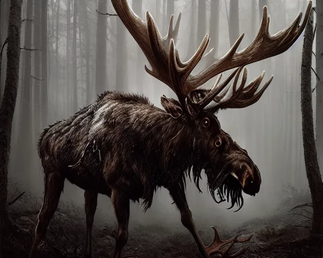 Image similar to 5 5 mm portrait photo of an armored demonic undead rotting moose with antlers, in a magical forest looking at the camera. dark atmosphere. art by greg rutkowski and luis royo. highly detailed 8 k. intricate. lifelike. soft light. nikon d 8 5 0.