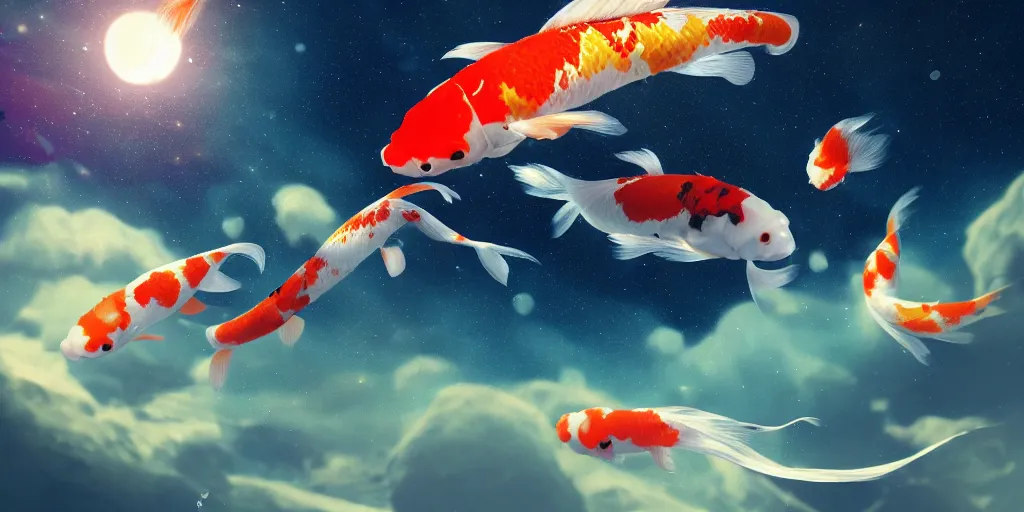 Image similar to koi fish floating in space, realistic detailed digital art by maxwell boas, jessica rossier, christian dimitrov, anton fadeev, trending on artstation, cgsociety, rendered in unreal engine, soft colors, 4 k, hq