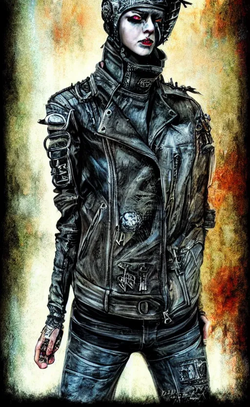 Prompt: acid rain effect, punk rock , mad max jacket, post apocalyptic, offices, renaissance, hack my brain, hyper realistic style, fantasy by Olga Fedorova