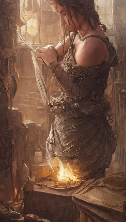 Prompt: the blacksmith, fame of thrones, fibonacci, sweat drops, intricate fashion clothing, insane, intricate, highly detailed, digital painting, artstation, concept art, smooth, sharp focus, illustration, Unreal Engine 5, 8K, art by artgerm and greg rutkowski and alphonse mucha