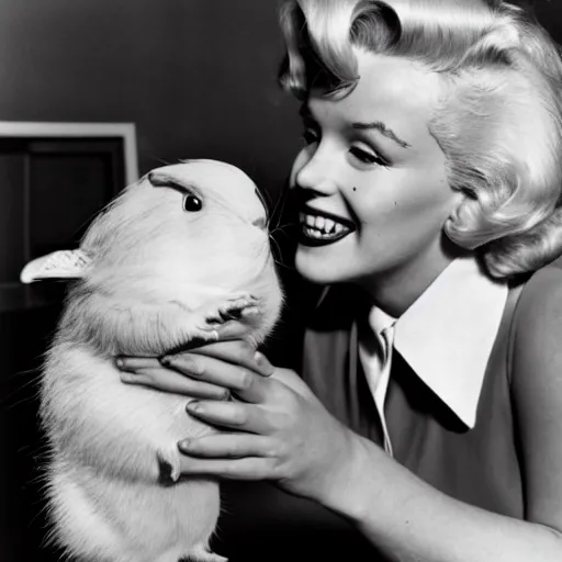 Prompt: Marilyn Monroe smiling while petting a guinea pig, black and white photograph