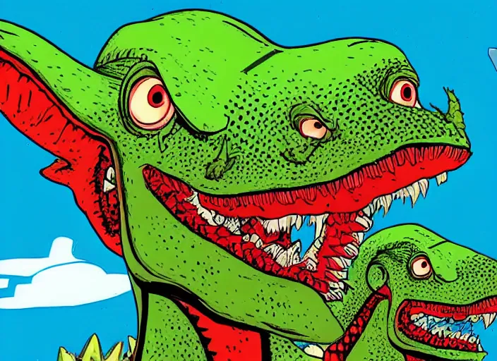 Prompt: Reptar vs. The Aliens, colorful kaiju film, green dinosaur monster with red-orange eyes and blue dorsal fins