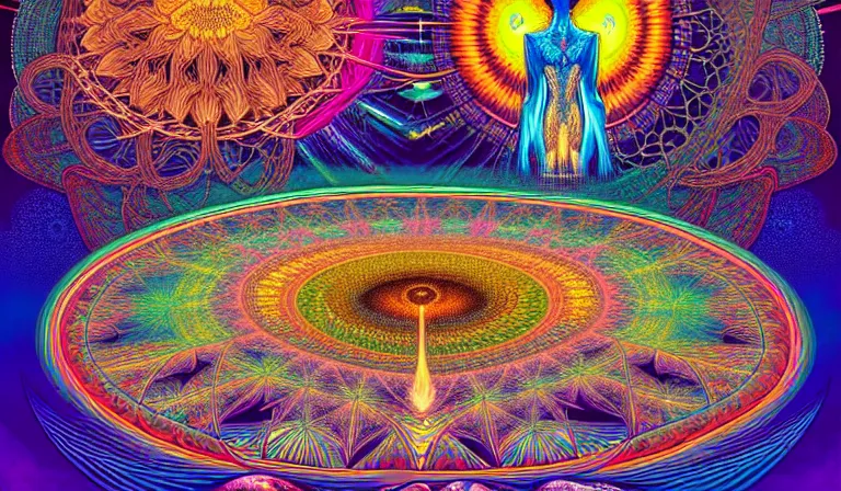 Prompt: an expansive rendering of beautiful and complex interwoven spiritual connection between all beings by dan mumford, by jim fitzpatrick, by joe wilson, by jim burns, by victo ngai, by jacek yerka, surrounded with colorful magic mushrooms and rainbowcolored marihuana leaves, insanely integrate, featured on deviant art, trending on artstation