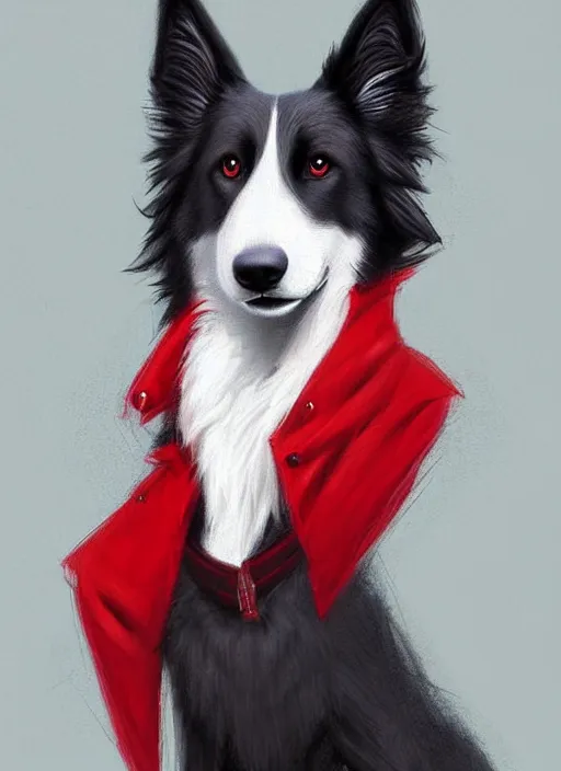 Image similar to full body digital painting of a cute male anthropomorphic border collie fursona wearing a red collar and standing outside, furaffinity, intricate, elegant, beautiful, realistic proportions, highly detailed, trending on artstation, art by charlie bowater and henry asencio and and ross tran