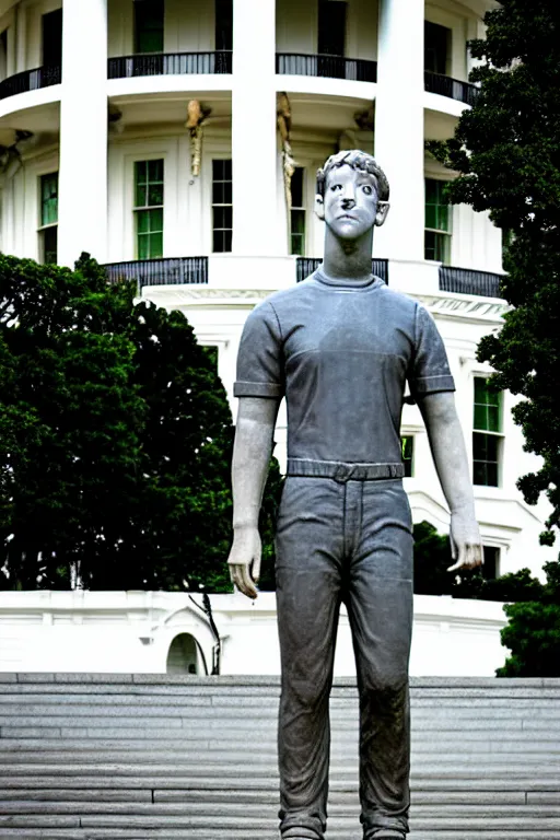 Image similar to A beautiful stone statue of Mark Zuckerberg in front of the White House, photo by Steve McCurry, heroic pose, detailed, smooth, smiling