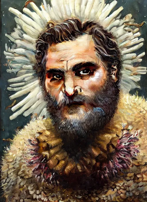 Image similar to a hyper detailed painting of joaquin phoenix surrounded by animals, cow horns, pig nose, sheep wool, chicken feather armor, horror, by anna podedworna, by miklos ligeti, by diego maricato, by taran fiddler, by antonino truisi, by chris reddie, by jinsung lim, trending on artstation