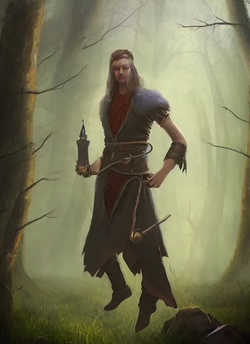Image similar to A fantasy portrait painting of a male mage on a misty forest meadow, DAZ, hyperrealistic, ambient light, dynamic light, trending on artstation, d&d, RPG portrait