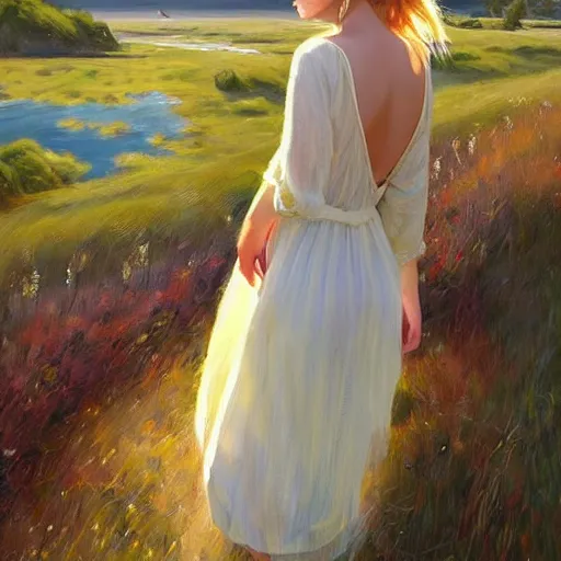 Image similar to blonde woman, dress, swedish countryside, archipelago, morning, masterpiece, highly detailed, beautiful, atmospheric, impressionism, wlop, artstation, painting by Vladimir Volegov