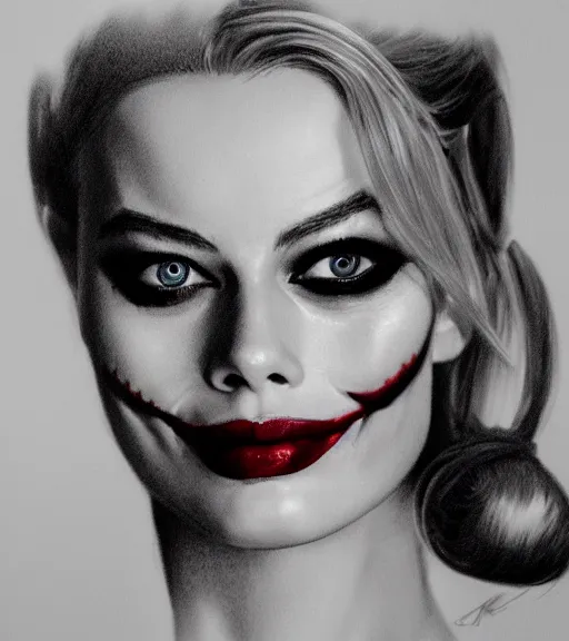 Image similar to a realism drawing of beautiful margot robbie as harley quinn portrait with joker makeup, in the style of den yakovlev, realistic face, black and white, realism, hyper realistic, highly detailed