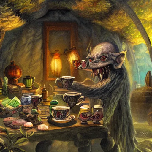 Prompt: goblin tea merchant in his grotto, realistic fantasy painting, cinematic