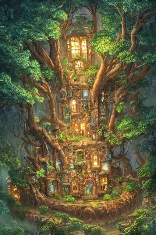 Prompt: a miniature city built into the trunk of a single colossal tree in the forest, with tiny people, in the style of ralph horsley, lit windows, close - up, low angle, wide angle, awe - inspiring, highly detailed digital art