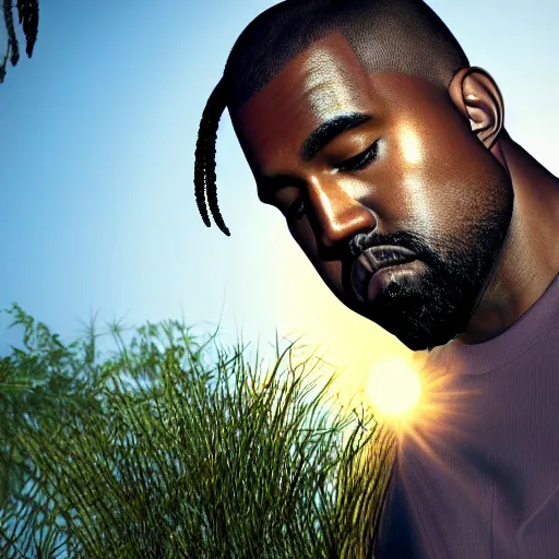Prompt: a photo of kanye west in the middle of a garden, golden hour, dreamy, misty, cool, afrofuturistic, side shot, detailed, rendered in unreal engine