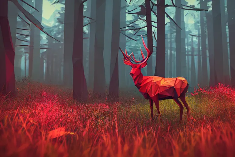 Image similar to lowpoly art of red deer in an undergrowth, unreal engine, retrowave color palette, 3 d render, lowpoly, colorful, digital art, perspective