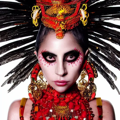 Prompt: detailed conceptual photography lady gaga wear traditional bali dress / dramatically / sharp focus / model / yellow lighting / red beam / rendered / center of interest