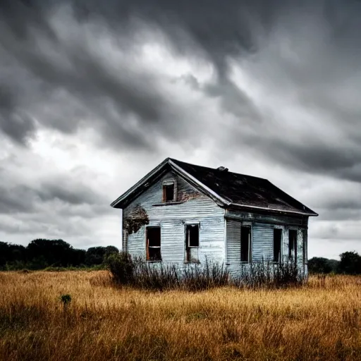 Image similar to old abandoned house in daisy field, cloudy sky, huge cloud, mist, ultra - realiste, cinematic, hd, 8 k