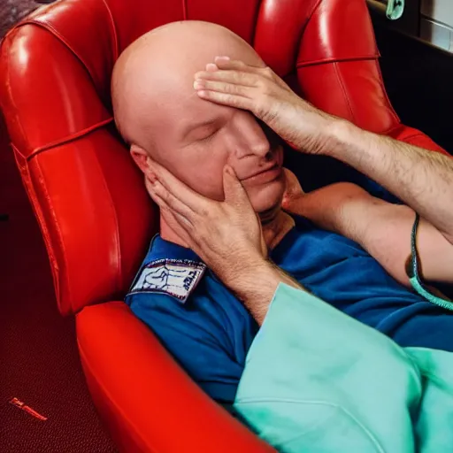 Prompt: bald firefighter asleep on a blue reclining chair
