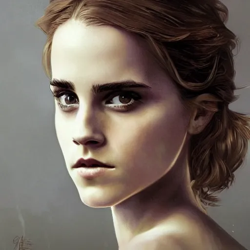 Image similar to Very funny Emma Watson looking like an old monkey, colorful painting on grey scale face, powerful , magic, thunders, dramatic lighting, intricate, wild, highly detailed, digital painting, artstation, concept art, smooth, sharp focus, illustration, art by artgerm and greg rutkowski and alphonse mucha, footage