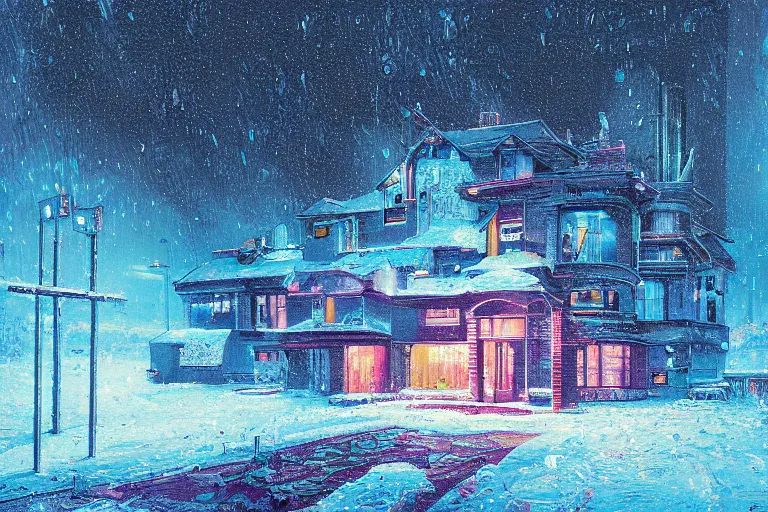 Prompt: cyberpunk, winter in the snow, external view of a 5 bedroom detached cyberpunk house in the UK, by Paul Lehr