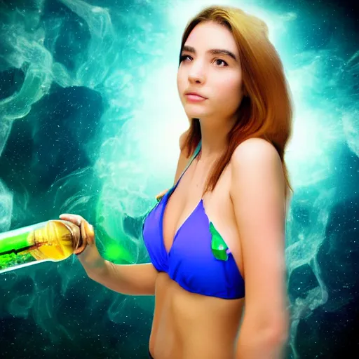 Image similar to 4 k photo of girl in bikini flying in space and smoke green bong, background in space