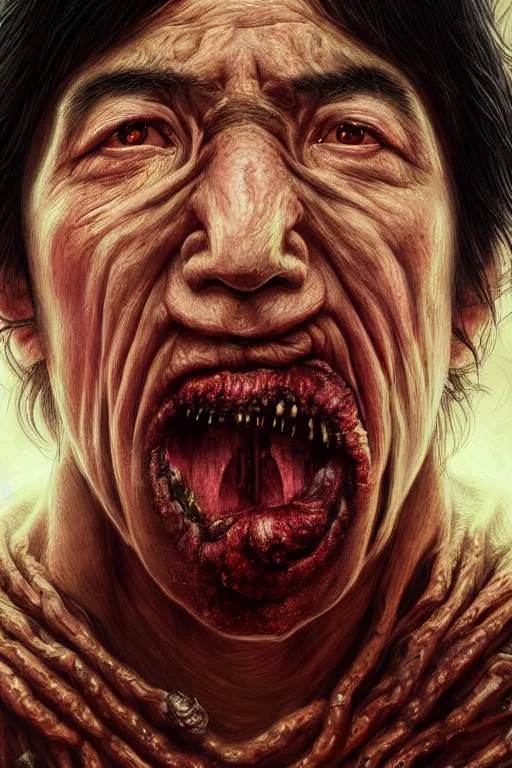 Image similar to realistic portrait beautiful detailed matte painting of cinematic movie scene jackie chan mutate into botfly larva. horror, created by gustave dore and greg rutkowski, high detailed, smooth draw, synthwave neon retro, intricate, realistic proportions, dramatic lighting, trending on artstation.