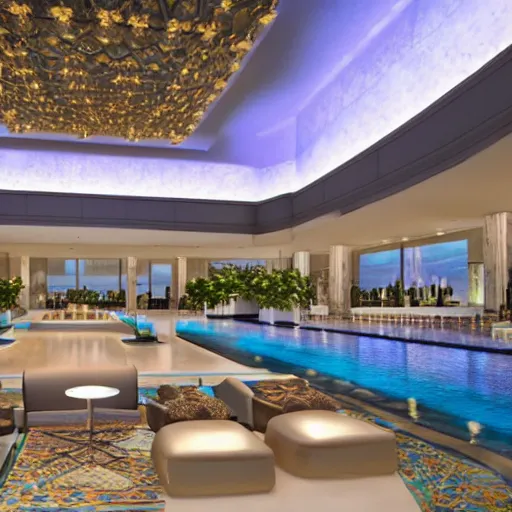 Image similar to realistic luxury hotel lobby interior in miami with pools in the background, 4 k, v - ray, detailed