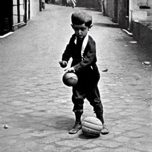 Prompt: a boy playing with a ball in the street in 1 9 2 0