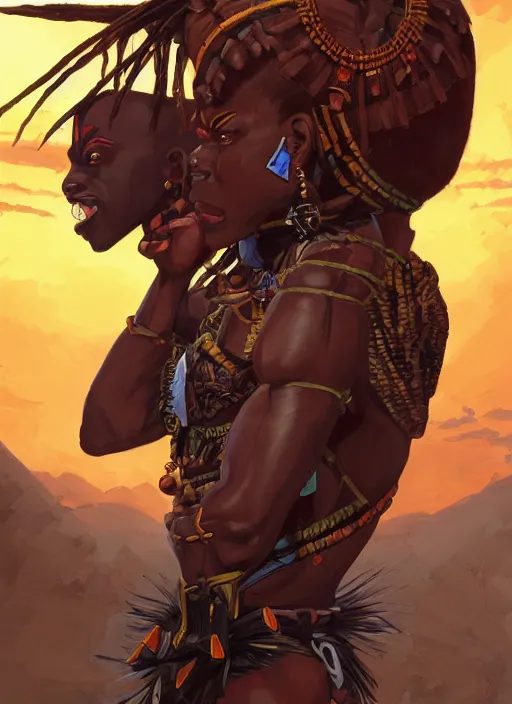 Prompt: masculine black warrior tribal afrikan voodoo armor, primitive weapons and kemetic imagery, 2 d game fanart behance hd by jesper ejsing, by rhads, makoto shinkai and lois van baarle, ilya kuvshinov, rossdraws, dramatic sunset, global illumination, radiant light, detailed and intricate environment