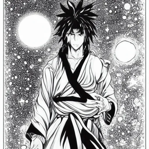 Image similar to black and white pen and ink!!!!!!! Yoshitaka Amano designed Guy Madison wearing cosmic space robes made of stars final form flowing royal hair golden!!!! Vagabond!!!!!!!! floating magic swordsman!!!! glides through a beautiful!!!!!!! Camellia!!!! Tsubaki!!! death-flower!!!! battlefield dramatic esoteric!!!!!! Long hair flowing dancing illustrated in high detail!!!!!!!! by Moebius and Hiroya Oku!!!!!!!!! graphic novel published on 2049 award winning!!!! full body portrait!!!!! action exposition manga panel black and white Shonen Jump issue by David Lynch eraserhead and beautiful line art Hirohiko Araki!! Rossetti, Millais, Mucha, Kentaro Miura, Jojo's Bizzare Adventure!!