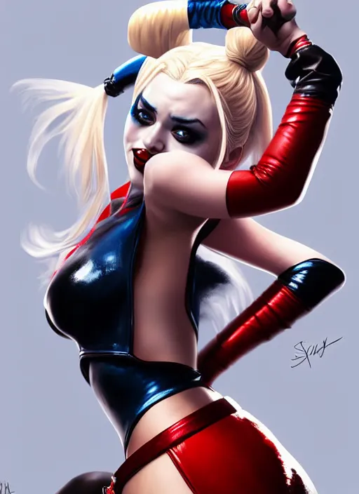 Image similar to high angle photo of harley quinn in the style of stefan kostic, realistic, sharp focus, 8 k high definition, insanely detailed, intricate, elegant, art by stanley lau and artgerm