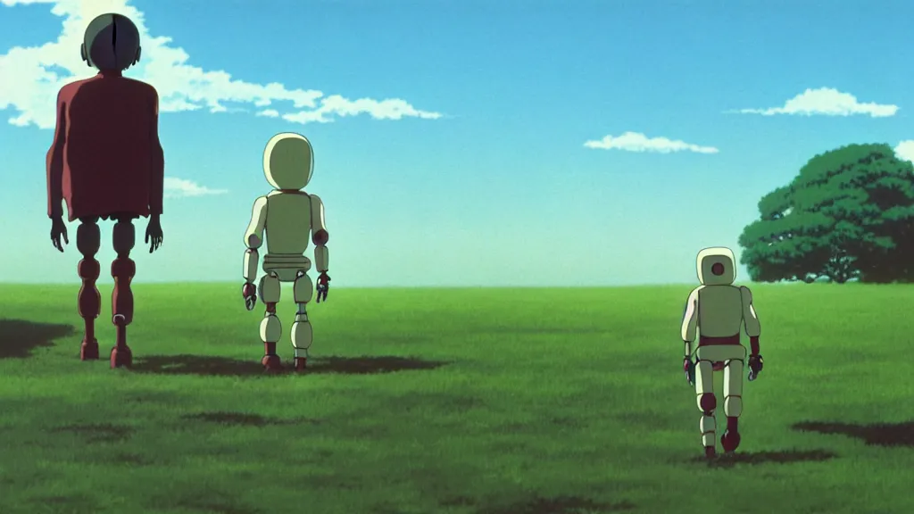 Image similar to a boy and his robot friend walking to school, anime film still from Studio Ghibli movie with art direction by Zdzisław Beksiński, wide lens