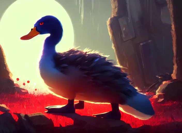 Image similar to cute fluffy mallard duck with vampire fangs wearing red cultist robe, details, cyberpunk, epic, sacrificial altar, landscape illustration concept art anime key visual trending pixiv fanbox by wlop and greg rutkowski and makoto shinkai and studio ghibli and kyoto animation symmetrical facial features