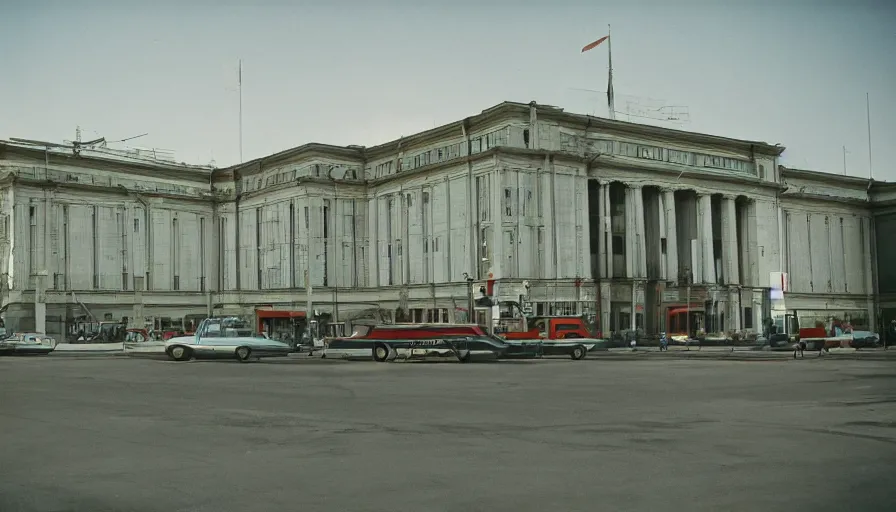 Image similar to 60s movie still of a sovietic museum stalinist style, cinestill 800t 10mm eastmancolor, liminal Space, heavy grain, high quality, high details, panoramic