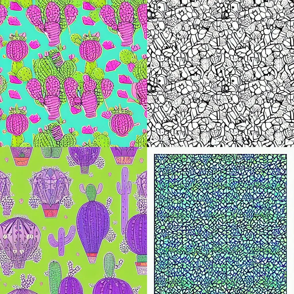 Prompt: hexagonal pattern of cacti and succulents inspired by studio ghibli, laurie greasley, justin gerard, and lisa frank, intricate line work, repeat pattern